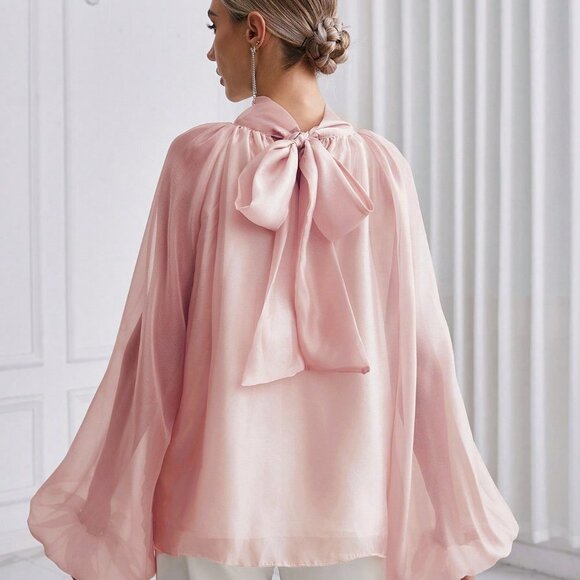 Dusty Pink Casual Women's Solid Color Stand Collar Lantern Sleeve Shirt - Picture 2 of 5